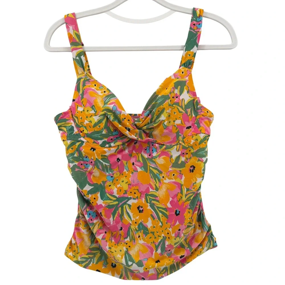 Anne Cole Floral Twist Front Tankini Top Yellow Pink 32C 34B Sweetheart Neckline